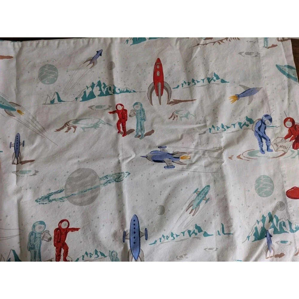 Pottery Barn Kids Astronaut Flat Sheet Pillowcase Full Size Retro Space Planets